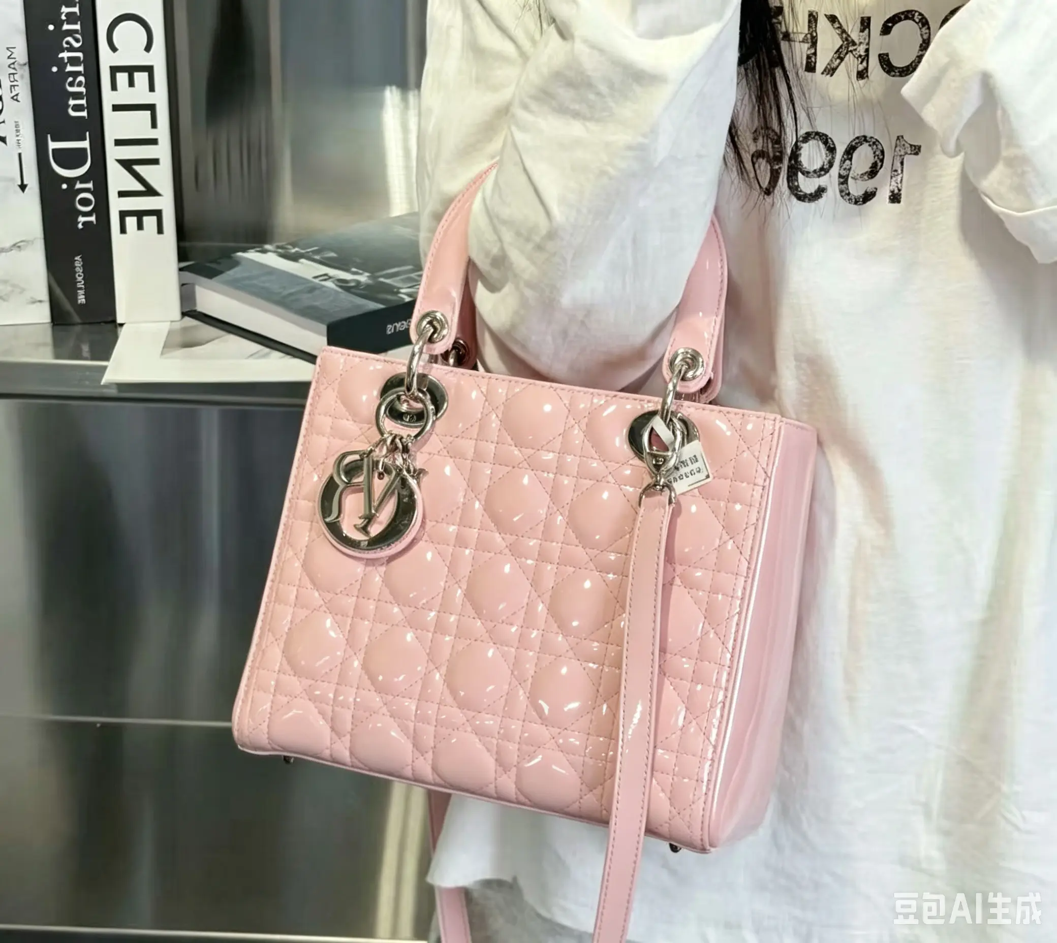 Pre-owned Dior Soft Pink Glossy Vernis Patent Leather Medium Lady Cannage Quilt Silver Logo Charms Removable Matching Pink Patent Crossbody Strap Vintage Versatile Handbag