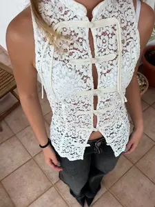 Indefeir Summer New Women's Fashion European Style Aesthetic Feminine Simple Rope Knot Decorative Embossed Lace Top, Stylish and Elegant Ladies' Clothing