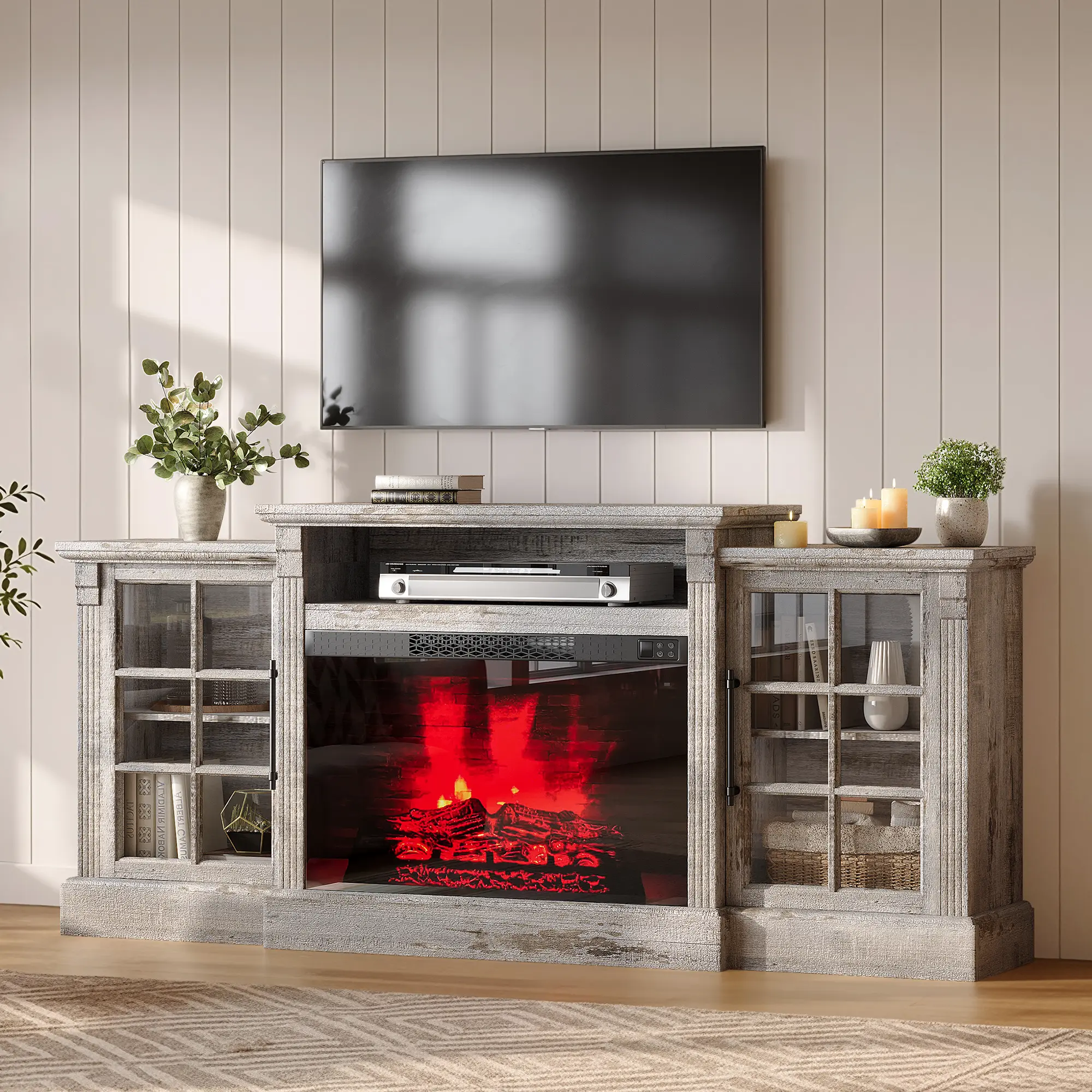 [Ships in Multiple Boxes] ALBOTT 70"/97" Farmhouse Fireplace TV Stand, Electric Fireplace, Entertainment Center, Storage Cabinets, Adjustable Shelves, Rustic Style, Living Room Furniture