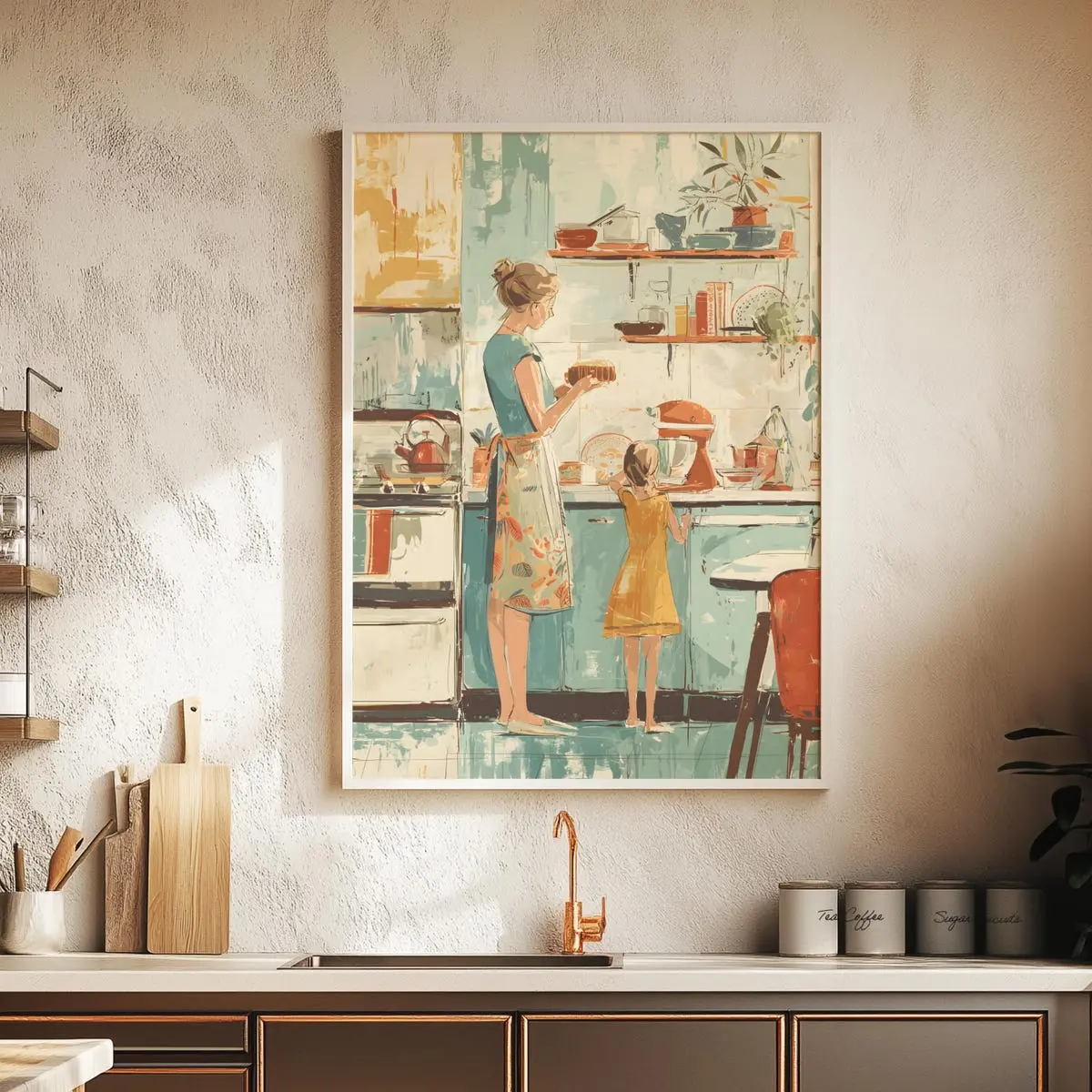 Mother’s Day Wall Art – Mother and Daughter Cooking Scene Printable, Heirloom Gallery or Grandmillennial Kitchen Decor, 5 Size, 8x12 to 27x40 inch, Room Decor, Unframed