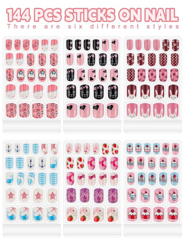 Kalolary 144PCS kids False Nail, Press on Pre-glue Full Cover Candy Pattern Short False Nail Kits,6Pack Press on Nails for Candy Child Nail Tips ,Holiday Gifts Lovely Gift for Kids Little Girls Nail Art Decoration Mommy & Me Valentine Nails Kit
