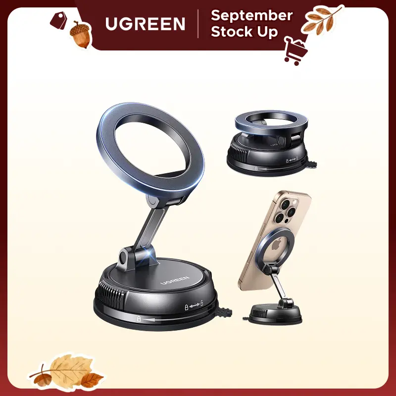 UGREEN Magnetic Cell Phone Car Mount-Upgraded Version with Smooth-Surface Grip, 360° Adjustable Foldable Suction, Reattaches with Ease, GPS/Mirror Ready for Hands-Free Driving,Compatible with iPhone 17/16 Pro Max/15 & Android (Non-Reusable)