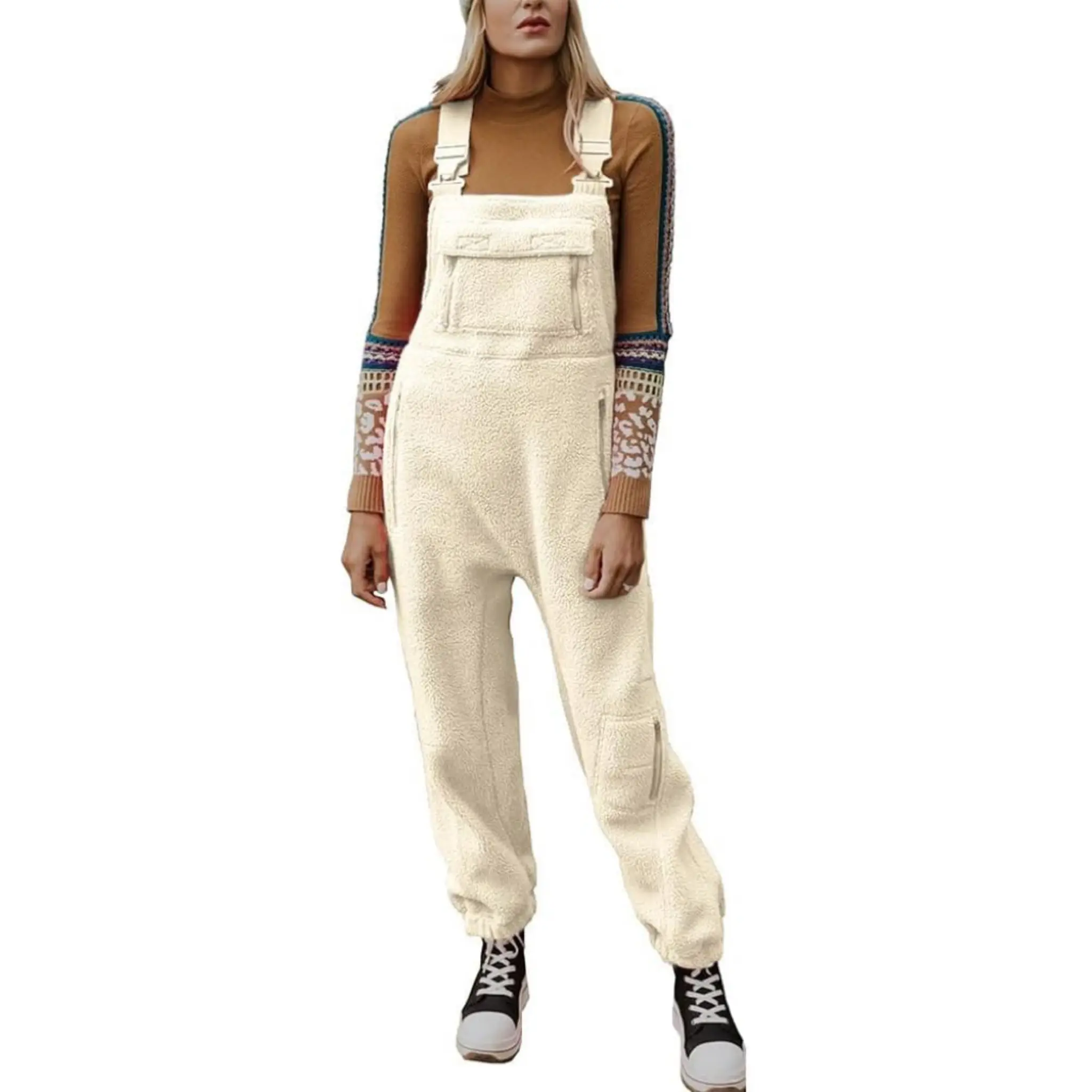 utcoco Womens Fuzzy Fleece Overall Jumpsuits Casual Loose Fit Winter Sherpa Bib Overalls with Pockets