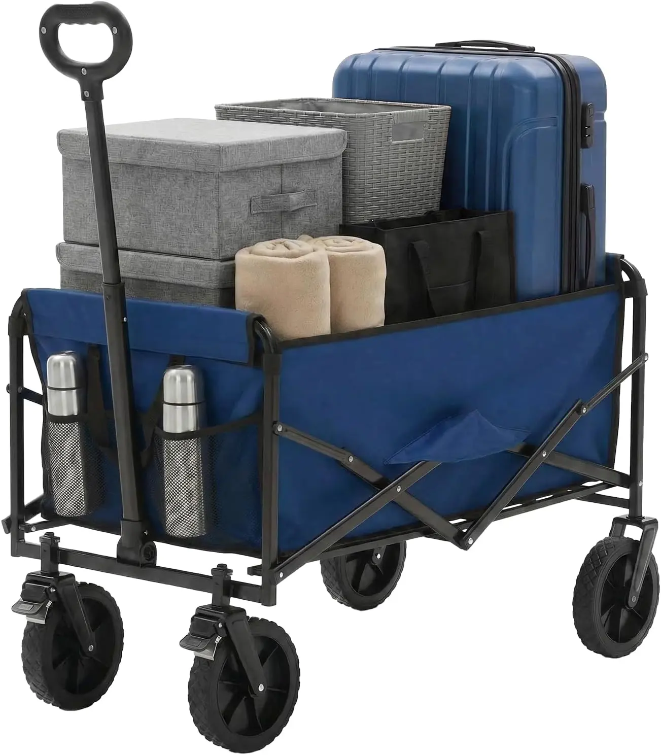 Collapsible Wagon Cart, 67L Heavy Duty Folding Utility Wagon, 220lbs Load Capacity with Lockable Brake Wheels, Flexible Handle Portable Storage Grocery Cart for Camping Shopping Sports Beach Garden