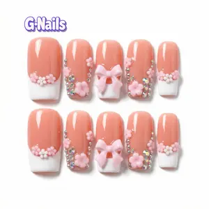 G Nails B07 Sprinkle Pink 3D Floral 10pcs Handmade Press On Nails with Glue & Tool Kit for Everyday Spring Manicure Women Pinknails Squarenails Reusablenails Springnails