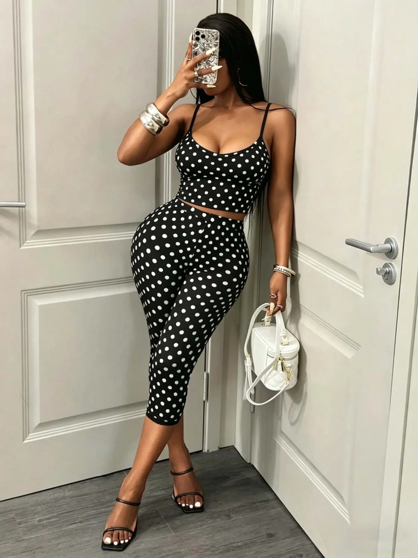 Women's 2 Piece Polka Dot, Spaghetti Strap Cami Crop Top & High Waisted Capri Leggings, Y2K Summer Casual Streetwear for Club Party, Casual Summer Set