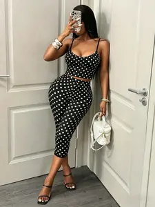 Women's 2 Piece Polka Dot, Spaghetti Strap Cami Crop Top & High Waisted Capri Leggings, Y2K Summer Streetwear for Club Party
