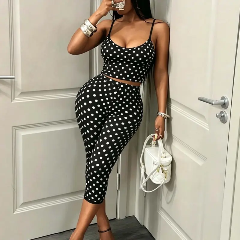 Women's 2 Piece Polka Dot, Spaghetti Strap Cami Crop Top & High Waisted Capri Leggings, Two Pieces Outfits, Y2K Summer Streetwear for Club Party
