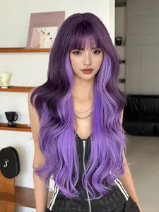 28 Inch Long Curly Synthetic Wig with Bangs, Wavy Ombre Wig, Natural Gradient, Heat Resistant Fiber, Perfect for Daily Wear & Halloween Costume