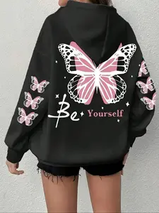 Women's Casual Loose-Fit Hoodie, Butterfly Letter Print, Thick Fabric, Fall & Winter Home Wear, Comfortable Ladies' Top