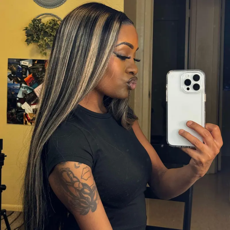 Ash Blonde Highlights with Natural Black Colored Straight Human Hair Wigs 13x6 Lace Front Human Hair Wigs for Women Highlights #27 Colored