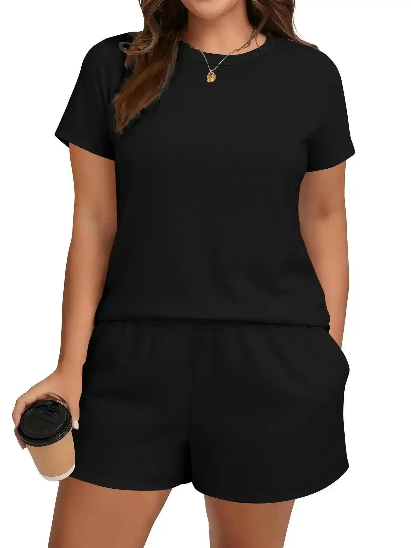 Women's Plus Size Casual Basic Plain Short Sleeve Crewneck Top Shorts Matching Set Outfit Spring Summer Loose Fit Comfortable All Seasons Fashion Lounge Home Wear, Coord Set, Cozy, Versatile, Comfort, Style