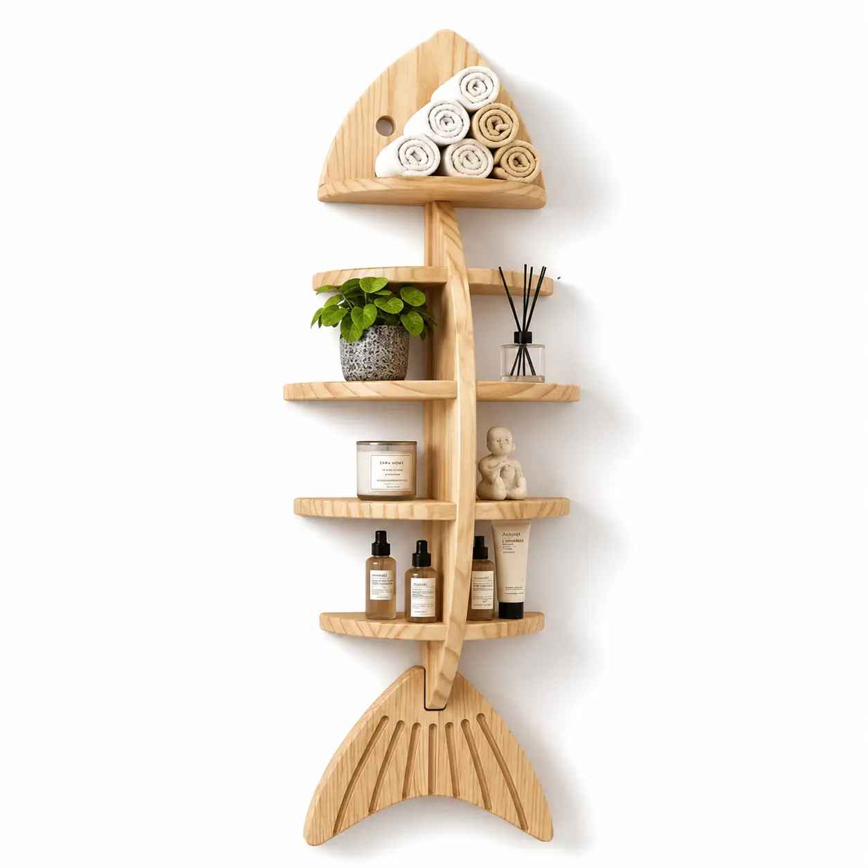1pc Creative Wooden Fishbone Wall Storage Shelf, Multi-layer Stylish Home Decor Rack, Bathroom Storage Shelf (Vertical/Horizontal Use), Ideal for Home Décor Display, Space-Saving Organizer, Floating Shelves