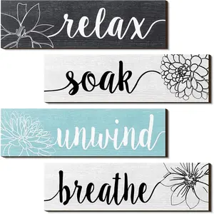 4 Pieces Farmhouse Bathroom Wall Decors Relax Soak Unwind Breathe Bathroom Signs Rustic Room Wall Arts Vintage Wooden Decorations for Home Laundry Room
