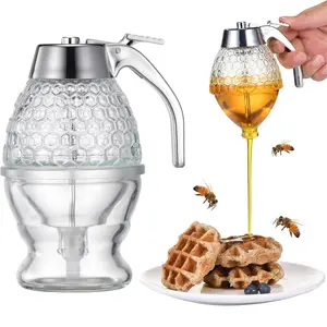 Creative Honey Dispenser with Press Button, 8 Oz Leak-Proof Plastic Jar, Silver Color Abs Lid, Stainless Steel Shaft, No-Drip Container