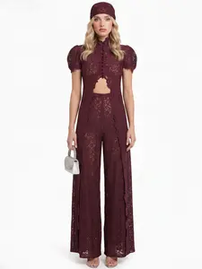 LikeMyChoice 2026 Women's Lace 2-Piece Gamis Set - High Neck Cutout Maxi Top Wide Leg Pants Elegant Formal Party Outfit Lightweight