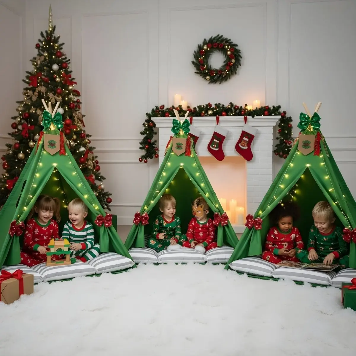 Jolly Christmas Sleepover Party Kit - Festive Decorations & Christmas Decor - Includes Teepee Tents, Fairy Lights, Banners, Pillow Beds, Masks, and Party Favor Jars