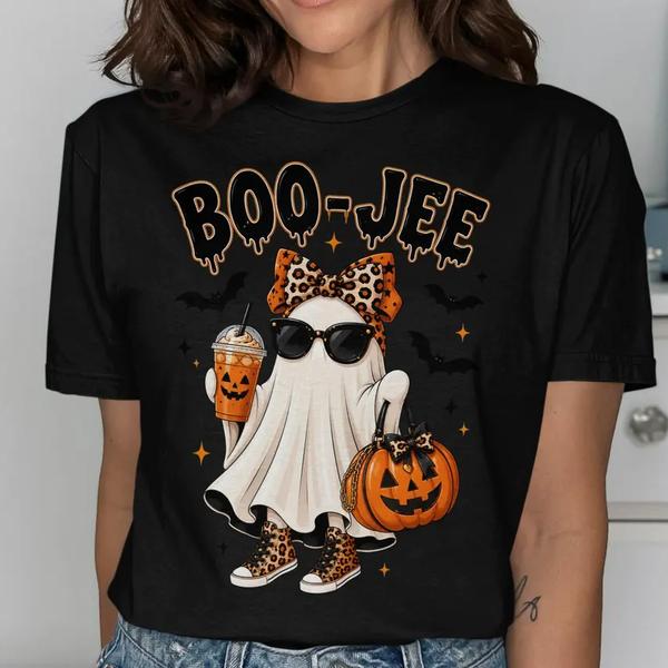 BooJee Ghost T-Shirt, Trendy Leopard Halloween Tee, Spooky Glam Graphic Shirt, Cozy Fall Coffee Lover Outfit, for Men & Women BooJee Ghost T-Shirt, Trendy Leopard Halloween Tee, Spooky Glam Graphic Shirt, Cozy Fall Coffee Lover Outfit, for Men & Women