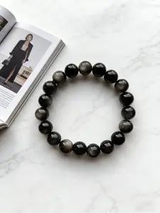 Annie Wu Silver Color Obsidian Bracelet, Minimalist Luxe Design, Natural Cat Eye Stone Beads, Perfect for Everyday Fashion, High Quality Bracelet