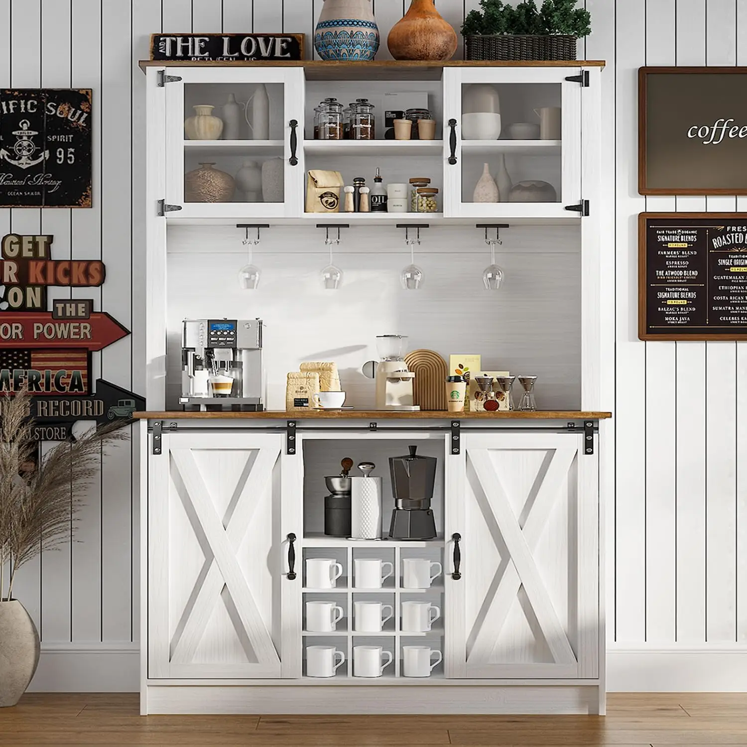 HOMBCK Farmhouse Coffee Bar Cabinet, 72'' Kitchen Hutch Cabinet, 2 Glass Doors, 9 Wine Racks for Living Room