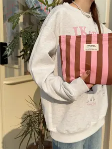 Women's Striped Storage Bag, Contrast Color Design, Large Capacity Makeup Organizer, Canvas Handbag & Shoulder Bag, Fashionable Unique Bags