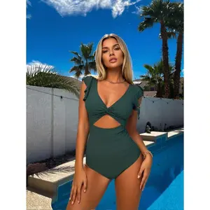 Women's One Piece Swimsuit Tummy Control Bathing Suit V Neck Ruffled Wrap Ruched Cutout Back Hook Closure Swimwear For Women
