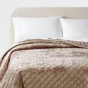 Full/Queen Luxe Diamond Stitch Velvet Quilt Light Brown - Threshold