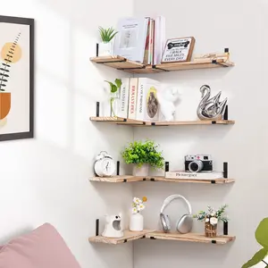 Set of 8 Floating Shelves for Wall Decor, Width 6in Wall Shelves , Light Brown Farmhouse Wood Wall Mounted Shelf, Room Decor Display Floating Wall Shelves for Bedroom, Bathroom, Kitchen, Corner Metal Wooden