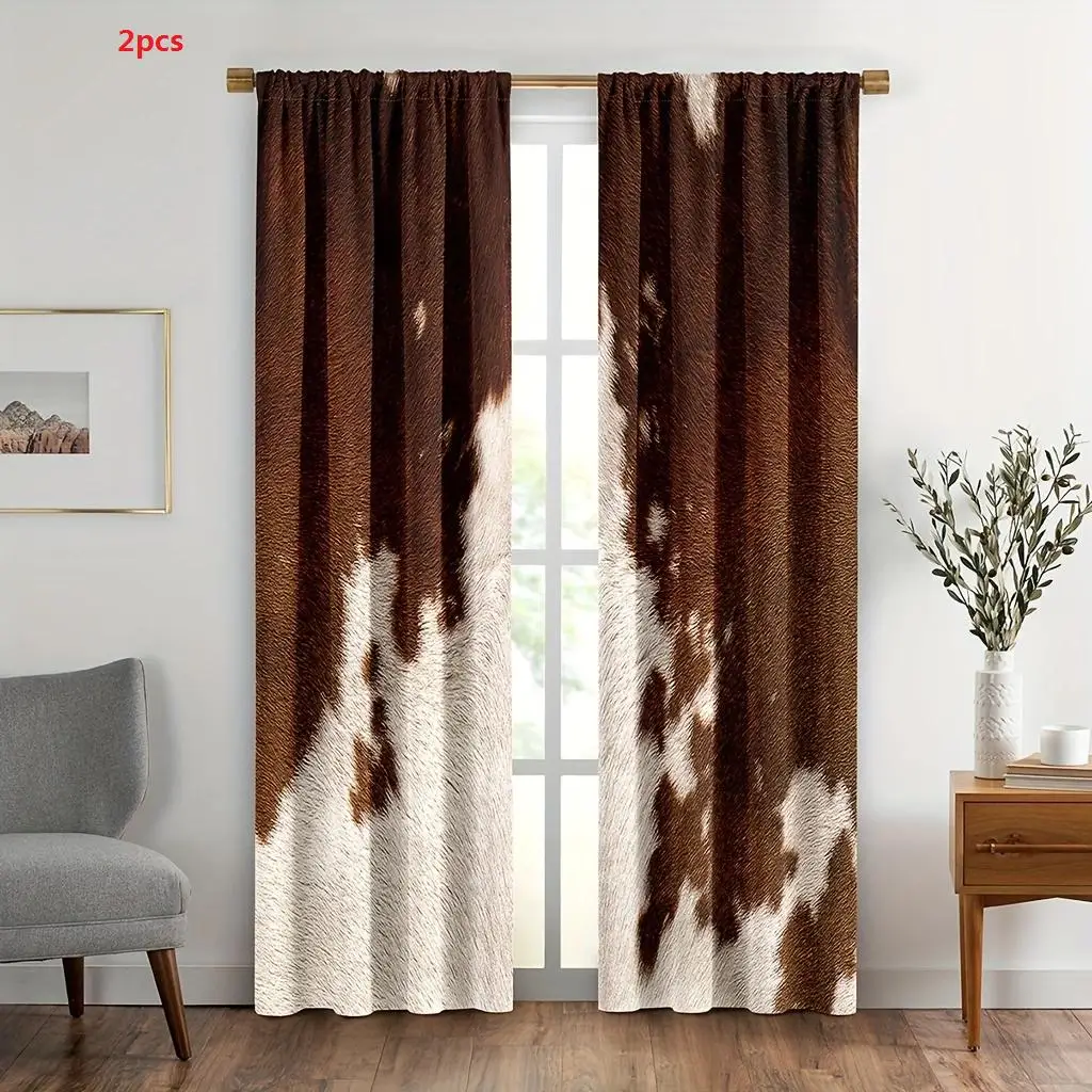 Cowhide Pattern Window Curtain, 2pcs Farm Animal Window Drapes, Western Cowboy Farmhouse Window Curtain, Home Decor for Living Room Bedroom