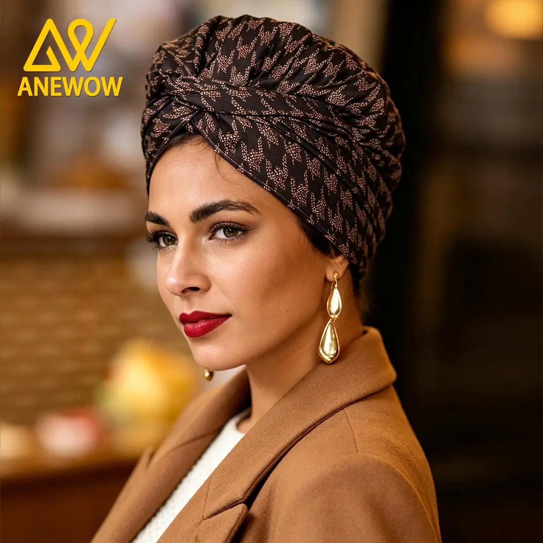ANEWOW Dark Brown Houndstooth Satin Lined Headwrap Soft Hair Wrap Bonnet For Curly Hair Daily Night Hair Care