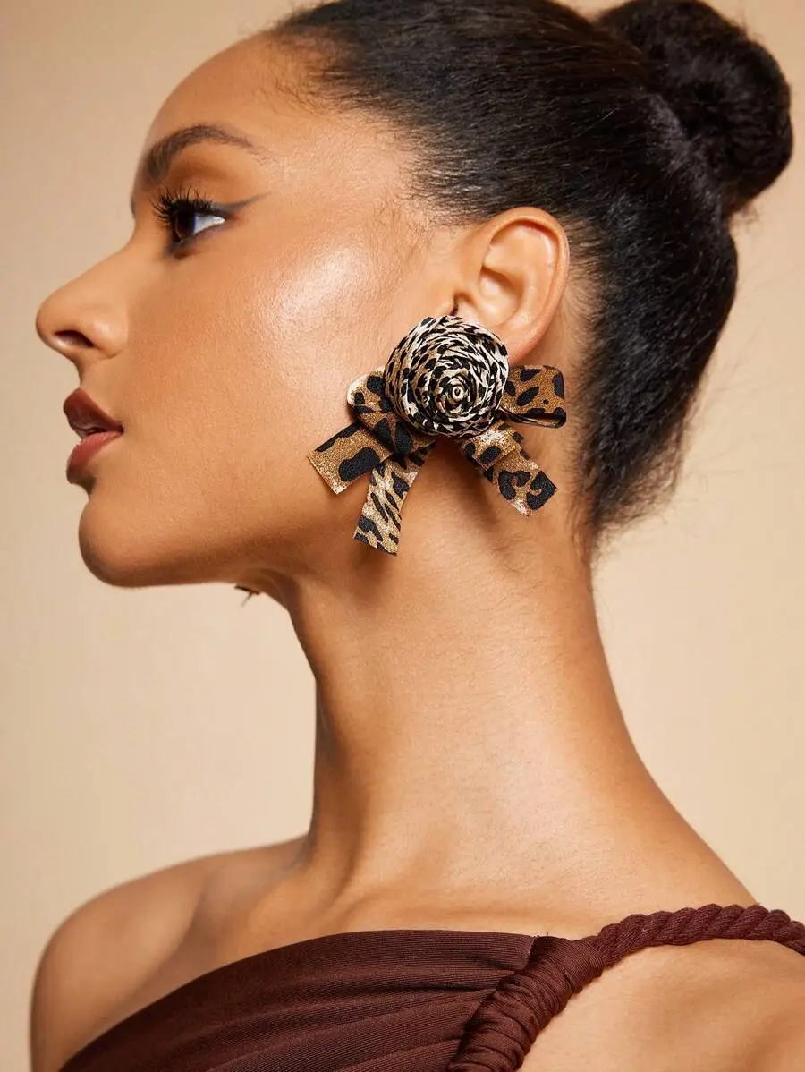 Leopard Print Bow And Flower Decor Stud Earrings, Suitable For Ladies Daily And Festival Wear