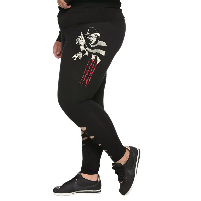 Women's Stretchy Soft Skinny Leggings - Freddy Krueger A Nightmare On Elm Street, 95% Cotton-Spandex Blend, High Stretch, Pull On, Above-The-Ankle, Dark Gothic Halloween, All-Season Black Bottoms with Silhouette & Slash Detailing, Cold Wash, Imported