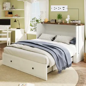 【Ships in 2 Boxes】AMERLIFE Murphy Bed with Charging Station, Cabinet Bed with Large Storage Drawer for Home Office or Small Room, Hideaway Bed Full Foldable Platform Bed