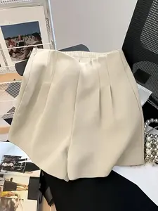 Elegant High-Waisted Zipper Wide-Leg Shorts, Minimalist Casual Fashion Pleated Fitted Women's Shorts for Summer Outings, Stylish Women's Clothing Womenswear