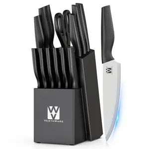 Knife Set, Vestaware 14 Pcs Kitchen Knife Set with Block, Practical One-Piece Knife Block Set Saving Space, Ultra Sharp Stainless Steel Knives Set Ergonomic Anti-slip Handle, New Home Essentials
