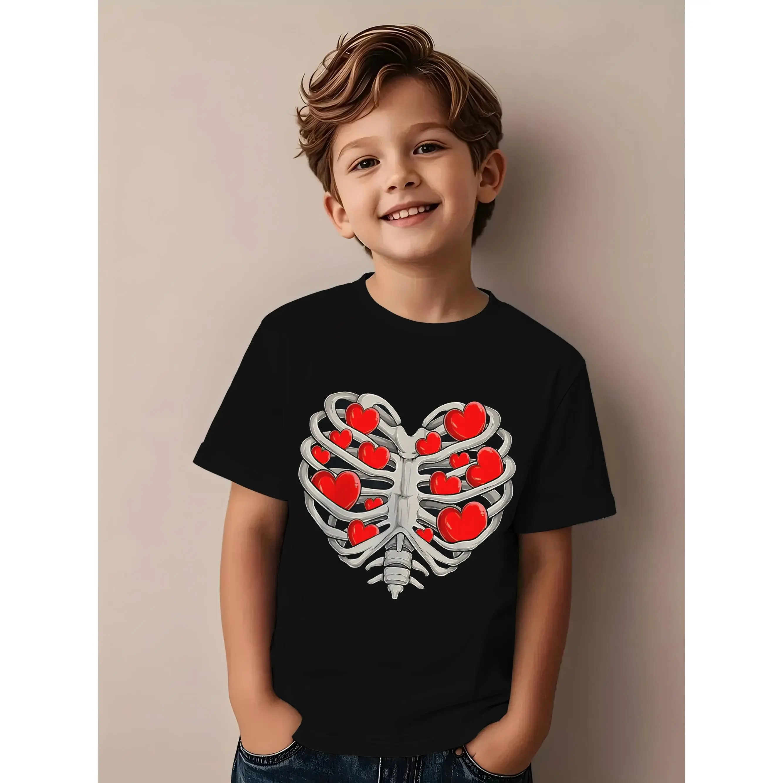 Boys' Valentine'S Day Heart Skull Graphic T-Shirt - Black Casual Tee with Red Love Hearts, Machine Washable Everyday & Valentine'S Day Outfit