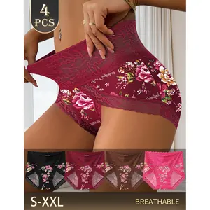 QUASTI 4PCS Color Blocking Lace Printed Lady's Panties - Mid-Waisted, Hip-Lifting, Skin-Friendly Fabric, Full Coverage, Seamless, Breathable, Lightweight, Elegant Lingerie with Secure Fit for Daily Wear, S-XXL