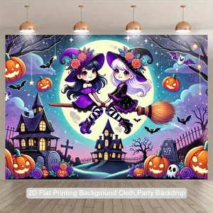 1pc Polyester Halloween Witch Backdrop Cloth - 2D Flat Tapestry Banner with Witch Girls on Broomsticks, Full Moon, Bats, Pumpkins - Indoor/Outdoor Photo Booth, Haunted House Decoration - No Electricity Needed, Easy to Hang, Hanging