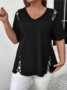 Women's V Neck Hollow Out Short Sleeve Top, Loose Fit Casual Summer Fashion, Comfortable Daily Wear Tee for Women Womenswear