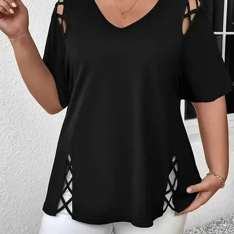 Women's V Neck Hollow Out Short Sleeve Top Blouse Loose Shirts, Loose Fit Basic Casual Summer Fashion, Comfortable Daily Wear Tee for Women Womenswear