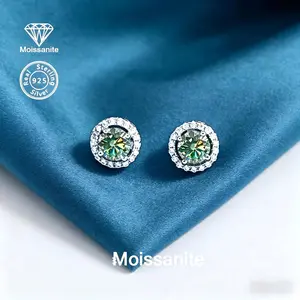 1 Pair 925 Sterling Silver Green Moissanite Halo Stud Earrings, VVS1 Sparkling Diamond Alternative, Round Halo Setting Solitaire Studs, Luxury Bridal Wedding & Daily Wear Jewelry, Perfect Valentine's & Birthday Gift for Her