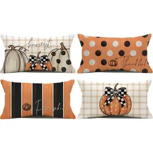 4pcs, Fall Pillow Covers, Thanksgiving Harvest Decor with Pumpkin, Striped, Polka Dot, Buffalo Plaid, for Living Room, Kitchen, Farmhouse, or Seasonal Home Decoration, Autumn Thanksgiving Decorations, Contemporary Pillow Covers, Single Sided Printing, No