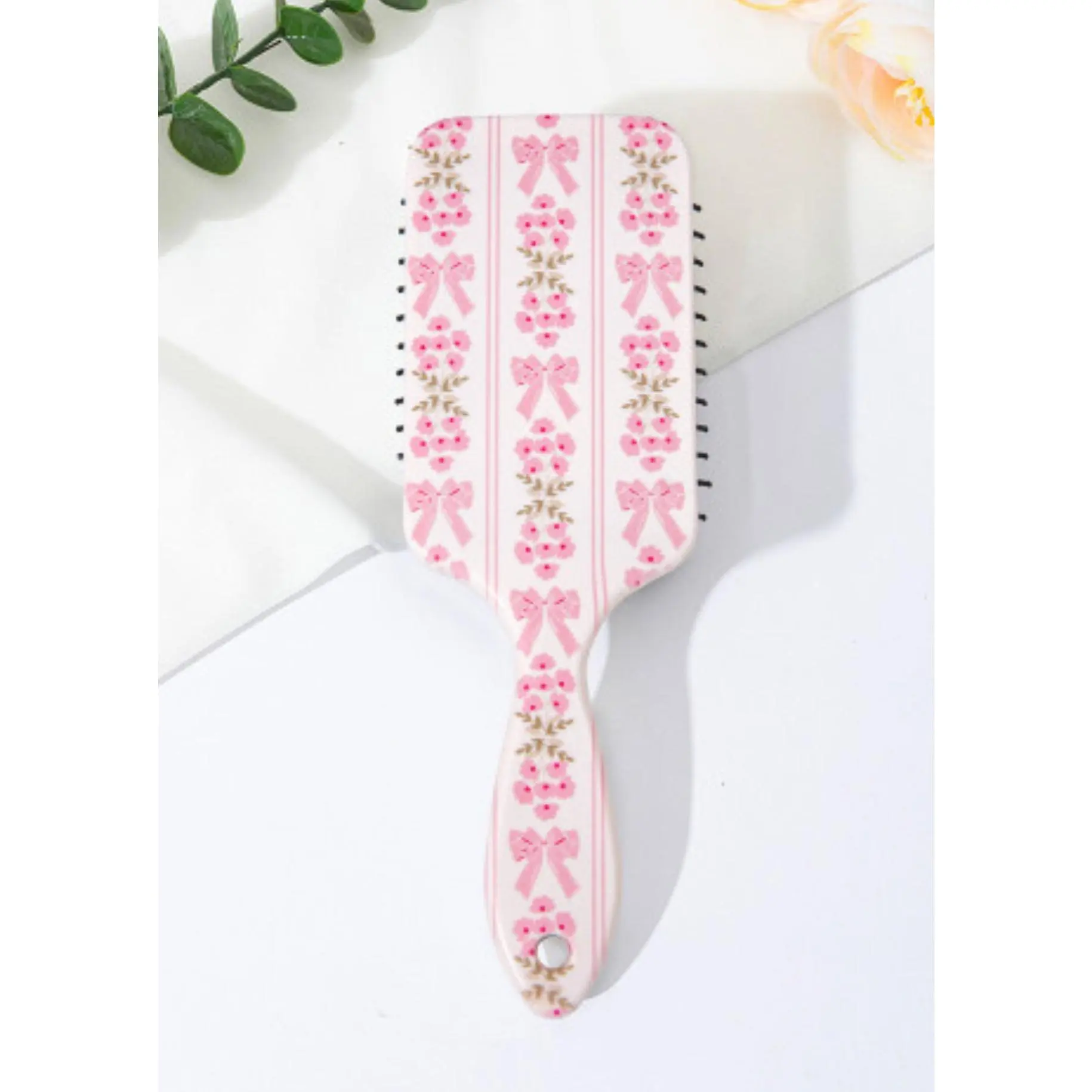 Pink Floral Bow Print Long Handle Air Cushion Hair Brush