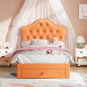 Orange Twin Size Bed Frame for Girls with Storage Drawers & LED Lights, Upholstered Platform Bed, Velvet Crystal Button Princess Bed, Noise-Free Slats, No Box Spring Needed for Kids, Teens