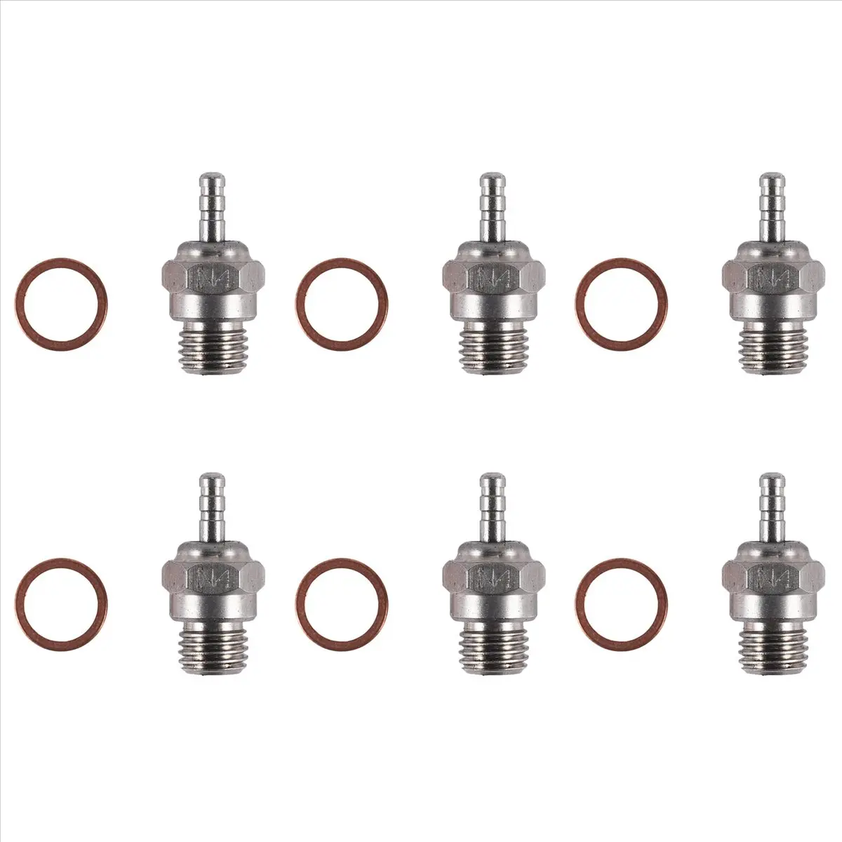 6-Pack Metal N4 Glow Plugs Set (6 x Gasket, 1.8x1.8x0.9cm) for HSP 70117, 1/10-1/8 RC Buggy Parts, Vertex SH Nitro 4c Engines Components, Enables Improved Idle, Fits 5%-40% Nitro Fuels, Longer-Lasting Element