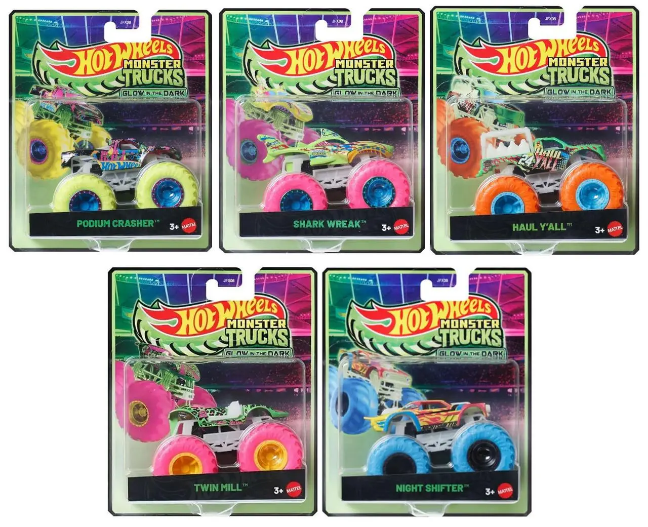 Hot Wheels Monster Trucks Glow in The Dark 5-Pack Bundle