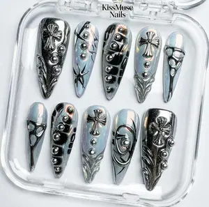 KissMuse Nails |  Gothic Chrome Cross | ST-D20 |  Stiletto Press On Nails | 10PCS Handmade Metallic Fake Nails, Reusable & Selectable Size