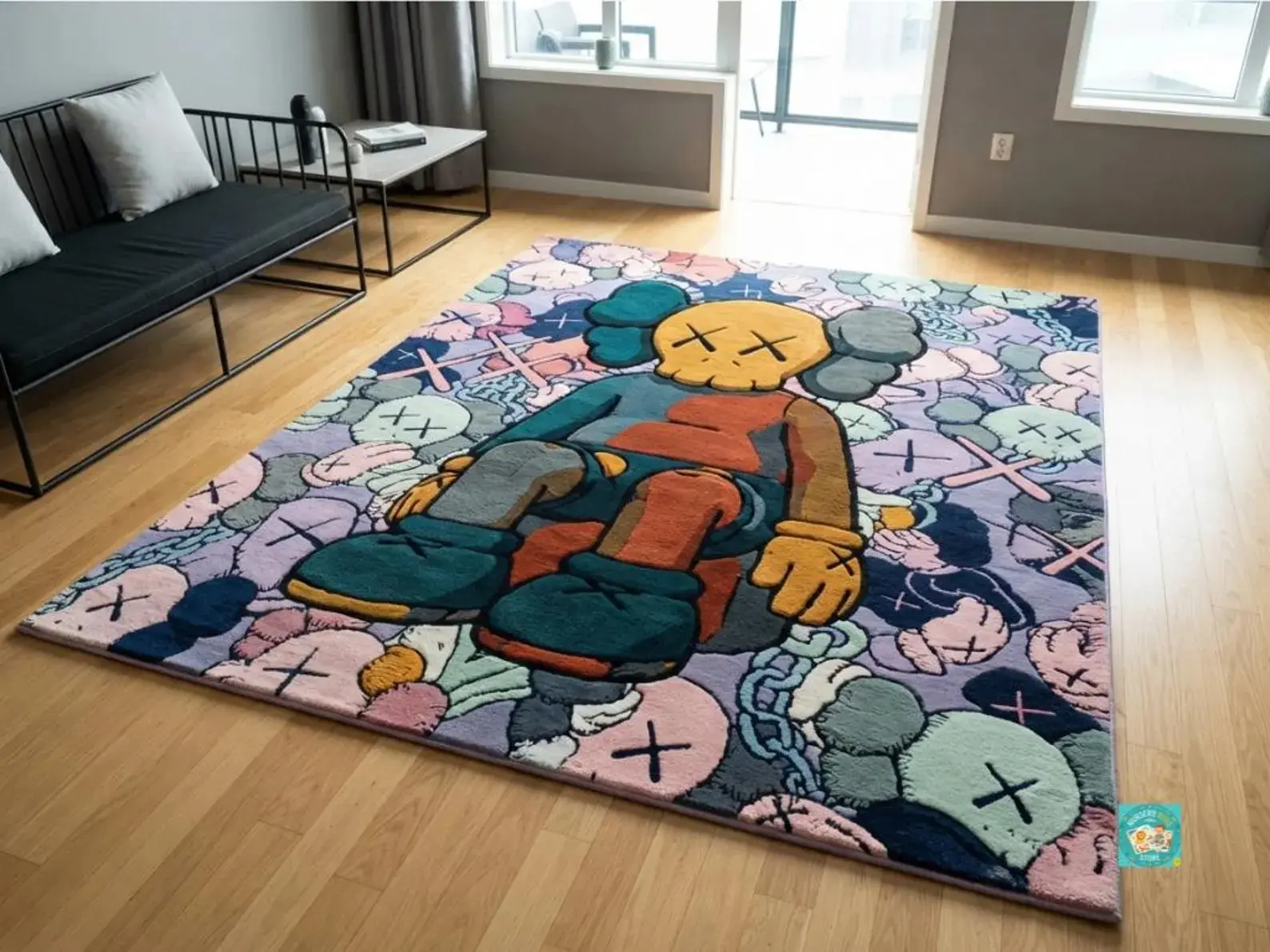 Large KAWS-Inspired Hand-Tufted Wool Area Rug, Colorful Street Art Decor for Hypebeast Enthusiasts