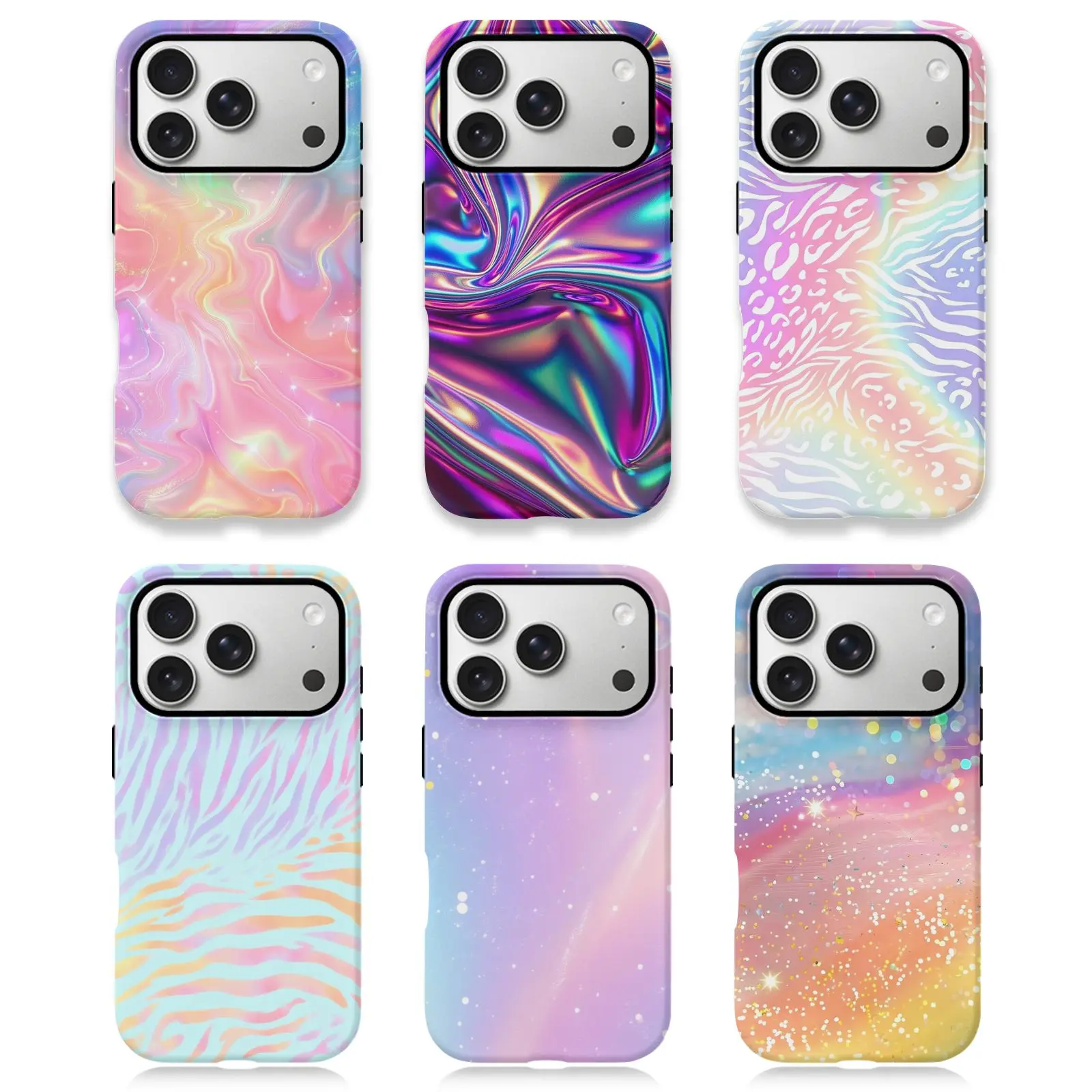 Iridescent Swirls Pastel Waves Sparkle Gradient Protective Shockproof Phone Case - Hard Handheld Cover with Impact Dispersion Tech, Flexible Rubber Liner, Glossy UV Finish for iPhone 17/16/15/14/13/12/11 ProMax/Plus Button Devices