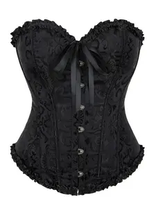 Gothic Retro Vintage Court Style Jacquard Satin Corset Top, Ruffle, Lace-Up Heart Neckline, Slimming Waist, Party Wear, All Seasons, Underwear